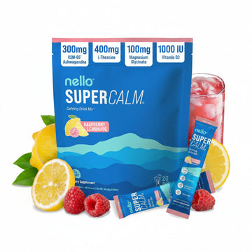 Nello Supercalm Powdered Drink Mix, Cortisol Reducer and Sleep Aid Supplement, L Theanine, Ksm-66 Ashwagandha, Magnesium Glycinate, Vitamin D 3, No Sugar, Non GMO, On The Go, 20 Ct, Raspberry Lemonade